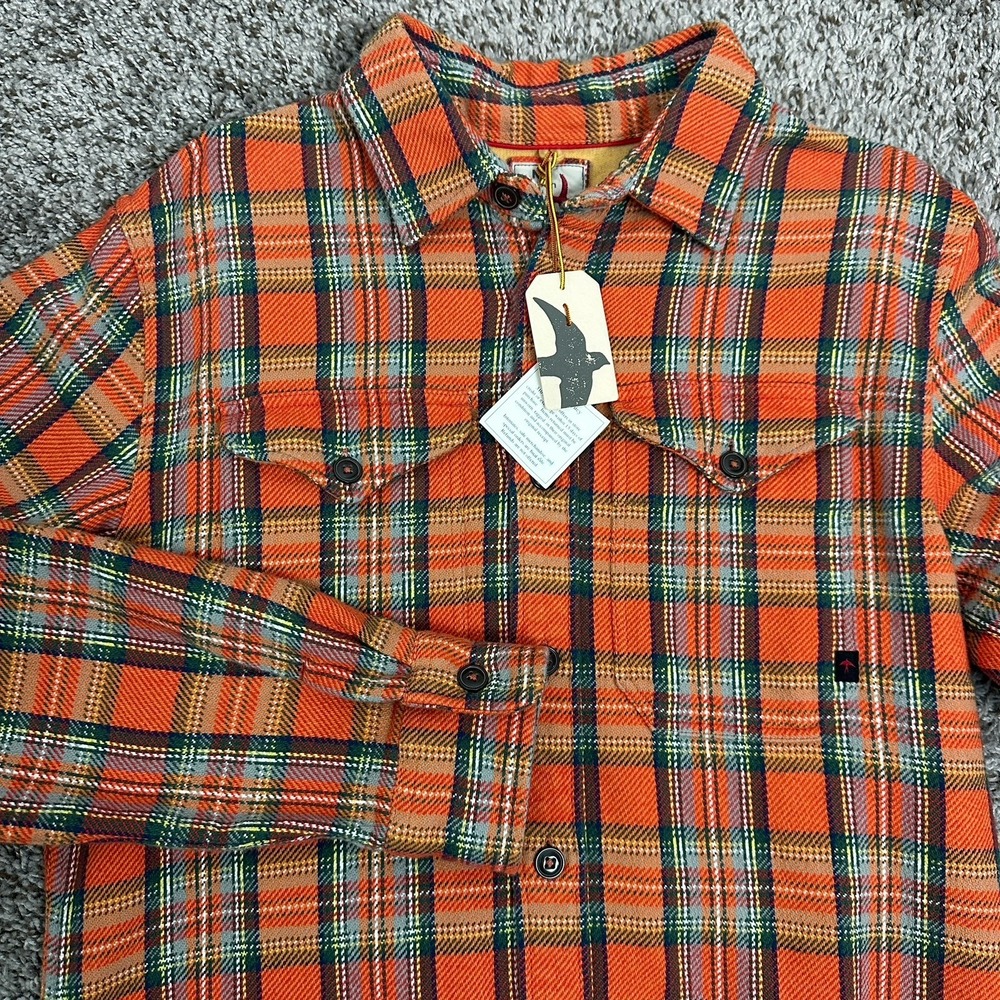 Relwen Mens Blanket Flannel Button Down Heavyweight Orange Tartan, Medium NWT
